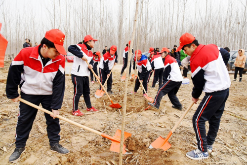 3月12日，河間市職教中心的青年志愿者在興村鄉(xiāng)一綠化區(qū)參加義務(wù)植樹(shù)活動(dòng)。當(dāng)日是植樹(shù)節(jié)，各地開(kāi)展義務(wù)植樹(shù)活動(dòng)，號(hào)召人們行動(dòng)起來(lái)植樹(shù)添綠，美化家園。新華社記者 朱旭東 攝
