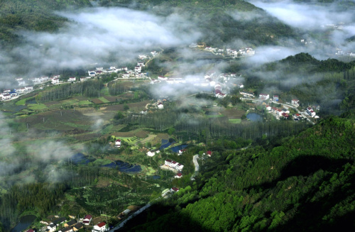 俯瞰云霧繚繞的霍山縣東西溪鄉(xiāng)山村（4月8日攝）。新華社發(fā)（汪寶 攝）