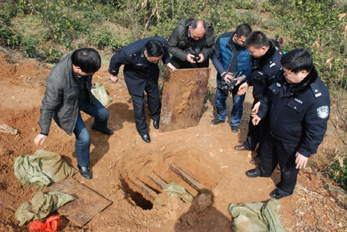 2014年3月9日，湖南省臨澧縣公安局民警和臨澧縣文物局執(zhí)法大隊(duì)工作人員在被盜墓穴現(xiàn)場(chǎng)勘查。常德臨澧縣公安局3月8日破獲一起跨省盜掘全國(guó)重點(diǎn)文物保護(hù)單位——九里楚墓群案。