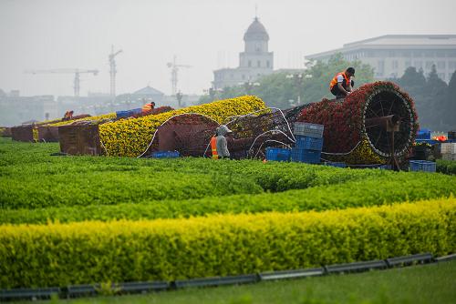 4月23日,工人在北京天安門廣場西側(cè)綠化帶擺花。新華社記者羅曉光攝
