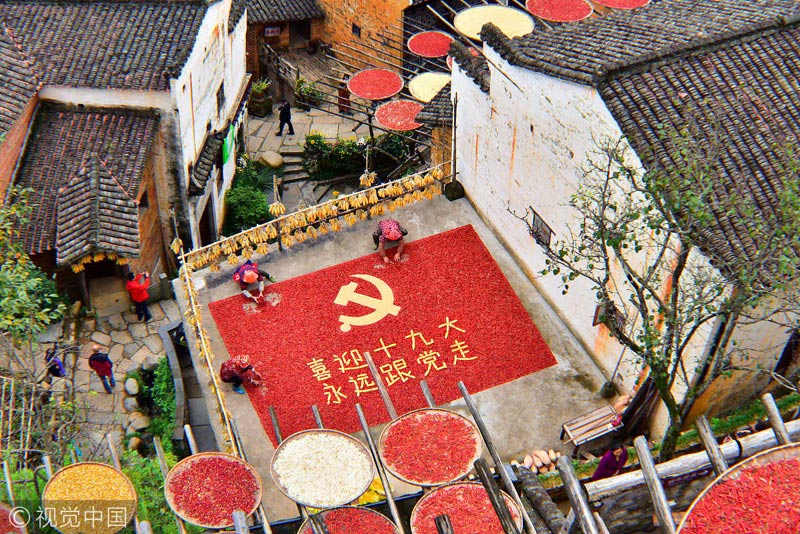 10月17日，江西婺源縣篁嶺古村，村民用收獲來的農(nóng)作物果實擺出巨幅“喜迎十九大、永遠跟黨走”的圖案，感恩黨的好政策。